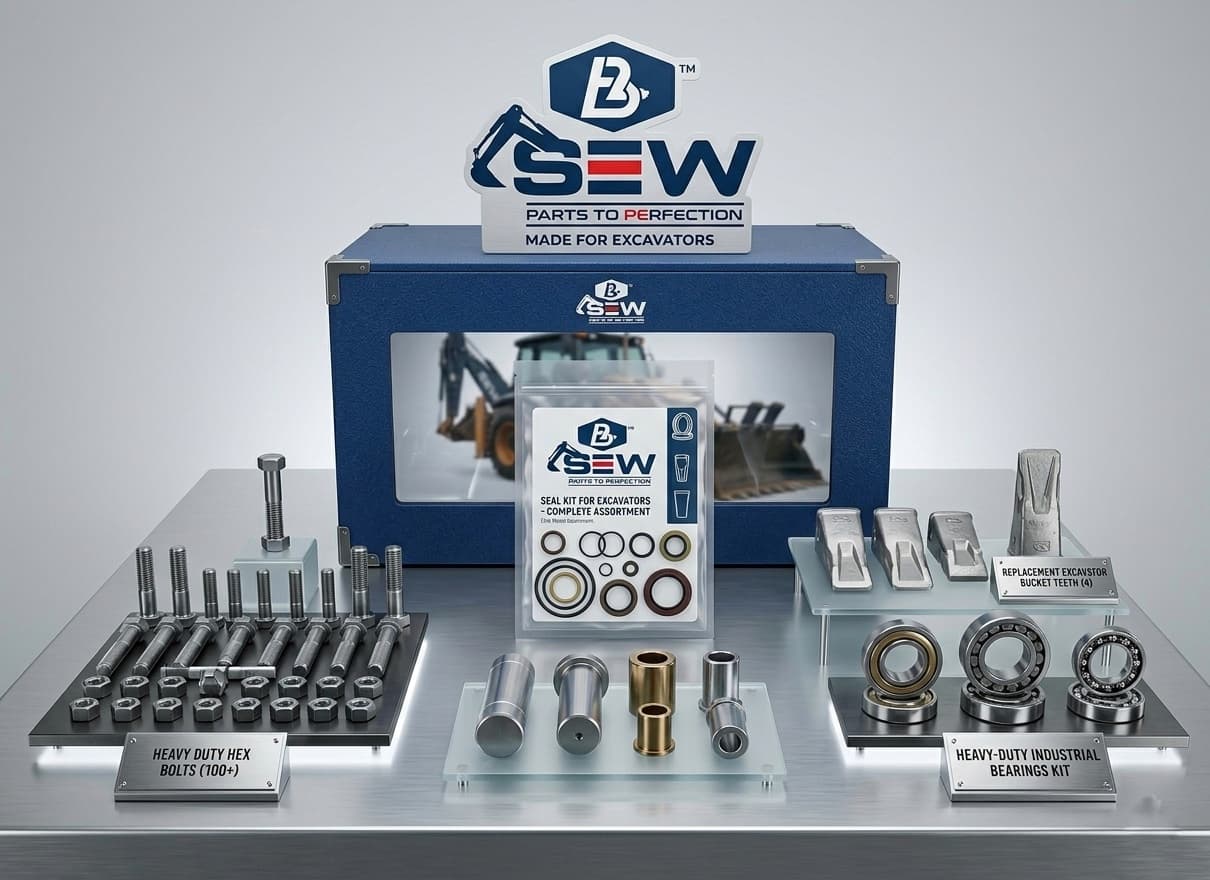 SEW branded studio display of heavy-duty bolts, excavator seal kit, pins, bucket teeth, and industrial bearings with blue display packaging